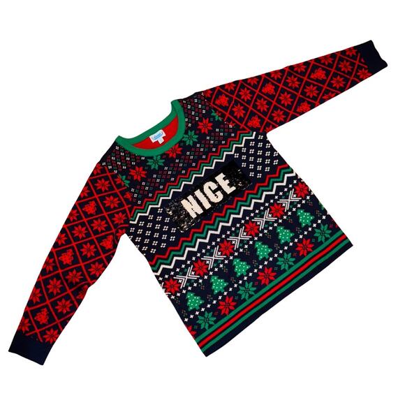 Rockin Around Nice/Naughty Sequin Message Unisex Ugly Christmas Sweater (L) - Picture 3 of 7